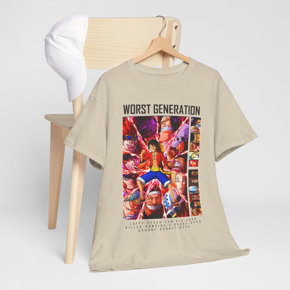 Upscale beige T-shirt artistically draped over a chair, showcasing the iconic 'Worst Generation' design, an ideal choice for discerning anime fans.