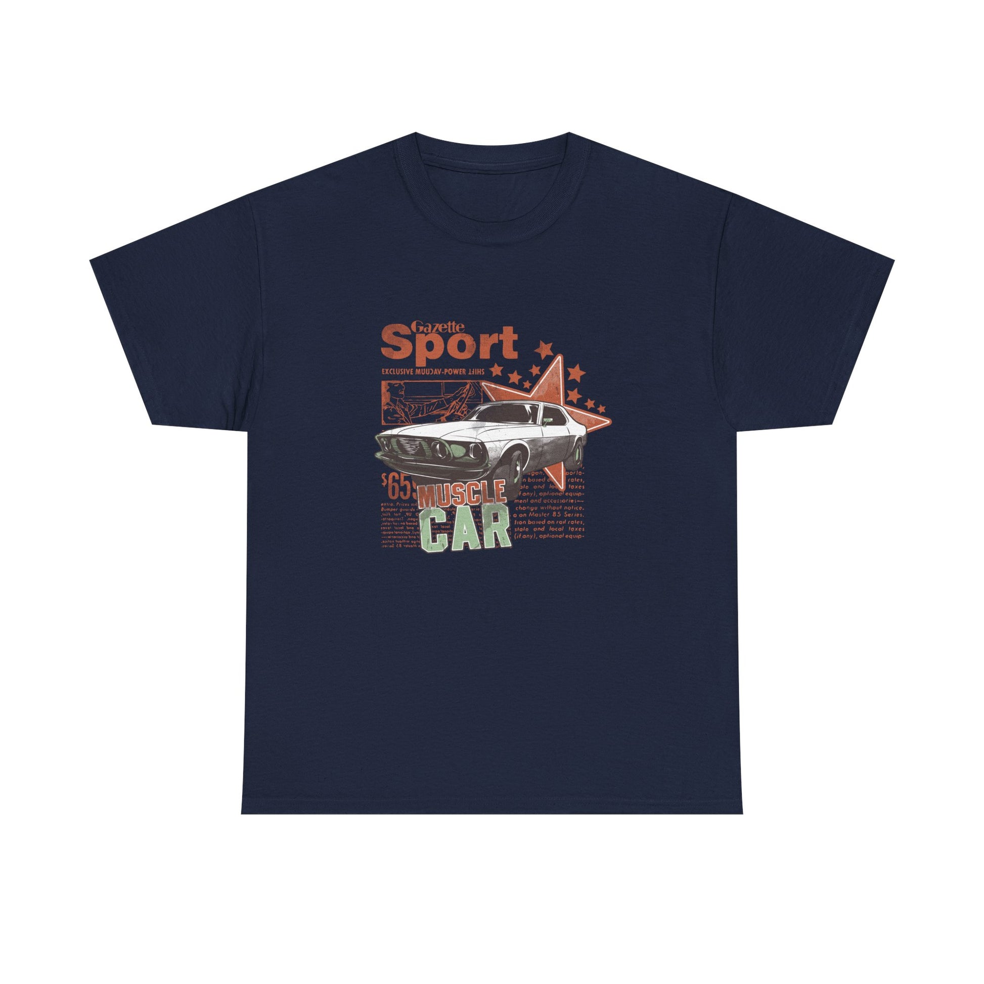 Refined navy blue T-shirt featuring a stylish illustration of a classic muscle car with 'Gazette Sport' text and artistic star details, perfect for discerning car enthusiasts.