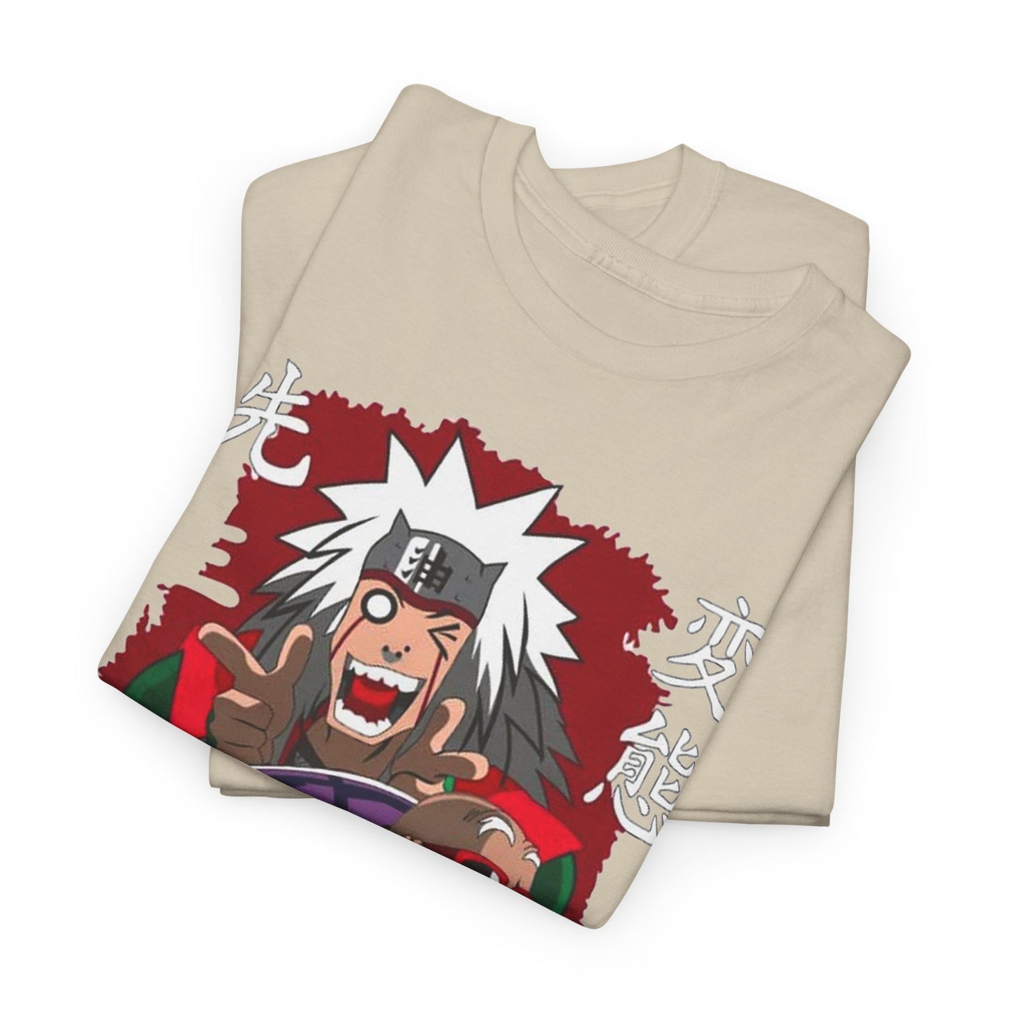 Stylish folded t-shirts in a sophisticated beige hue, displaying an artistic anime illustration that captures the essence of character and charisma, ideal for discerning fashion lovers.