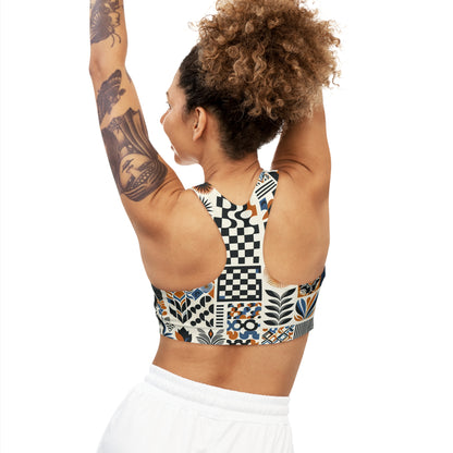 The Evelyn Chicane Vibrant Checkerboard Sports Bra from Dazzling Dreams Studio displayed in an activewear ensemble, perfect for Pilates, yoga, and high-intensity workouts.