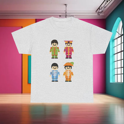 The Toy Beatles Graphic T-Shirt Urban Unisex Cotton Tee in a chic grey shade, featuring whimsical cartoon illustrations of the famous band members, a perfect fit for those who appreciate luxury and pop culture.