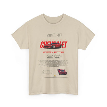 Chic beige men's t-shirt featuring a vibrant Chevrolet Corvette C6 graphic, epitomising luxury and automotive passion.