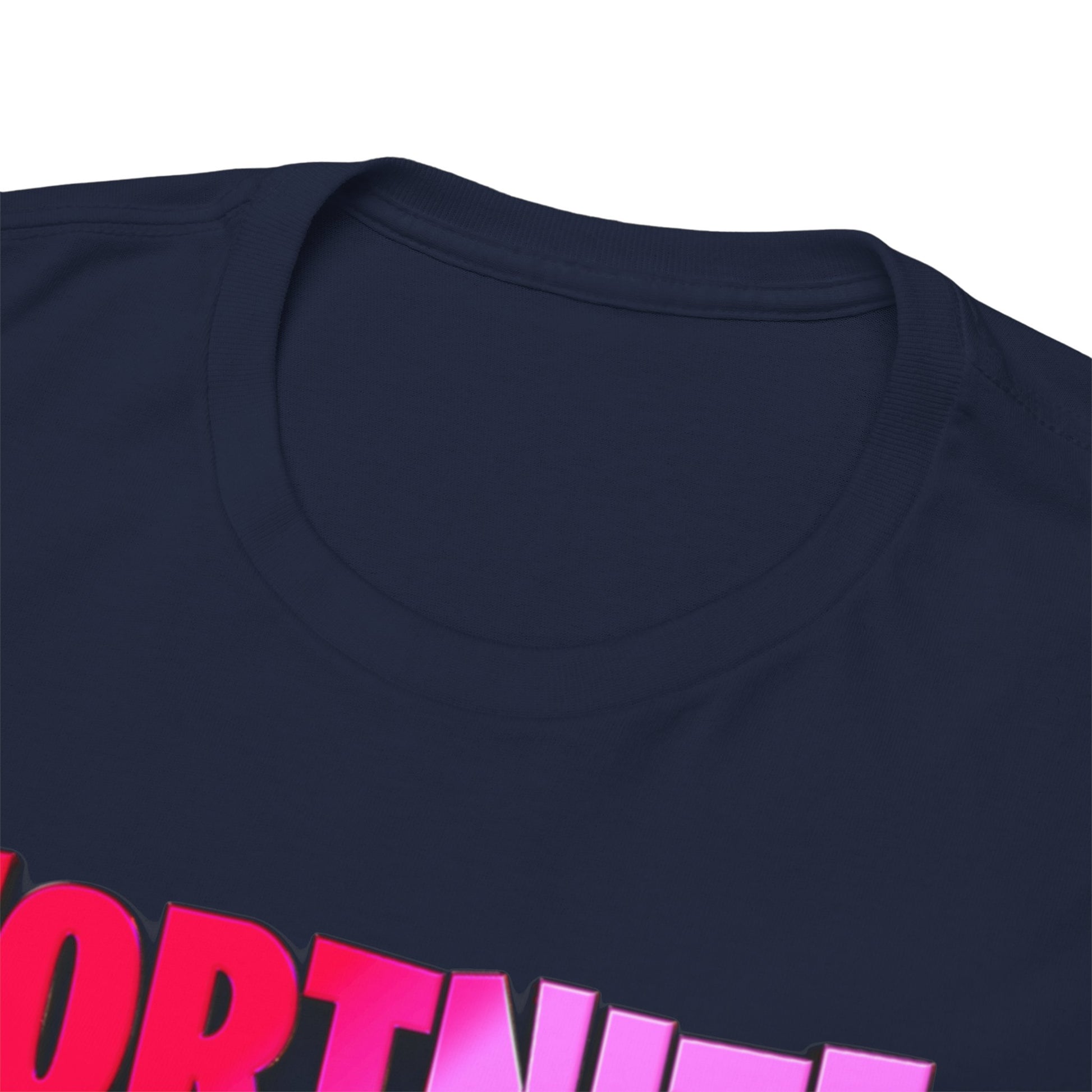 Close-up of the premium neckline of a stylish Fortnite T-shirt, emphasizing quality craftsmanship and luxurious fabric.