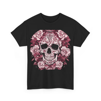Front view of the Skulls and Roses Cotton Tee in black, featuring a detailed graphic of a skull surrounded by roses, ideal for alternative fashion enthusiasts.