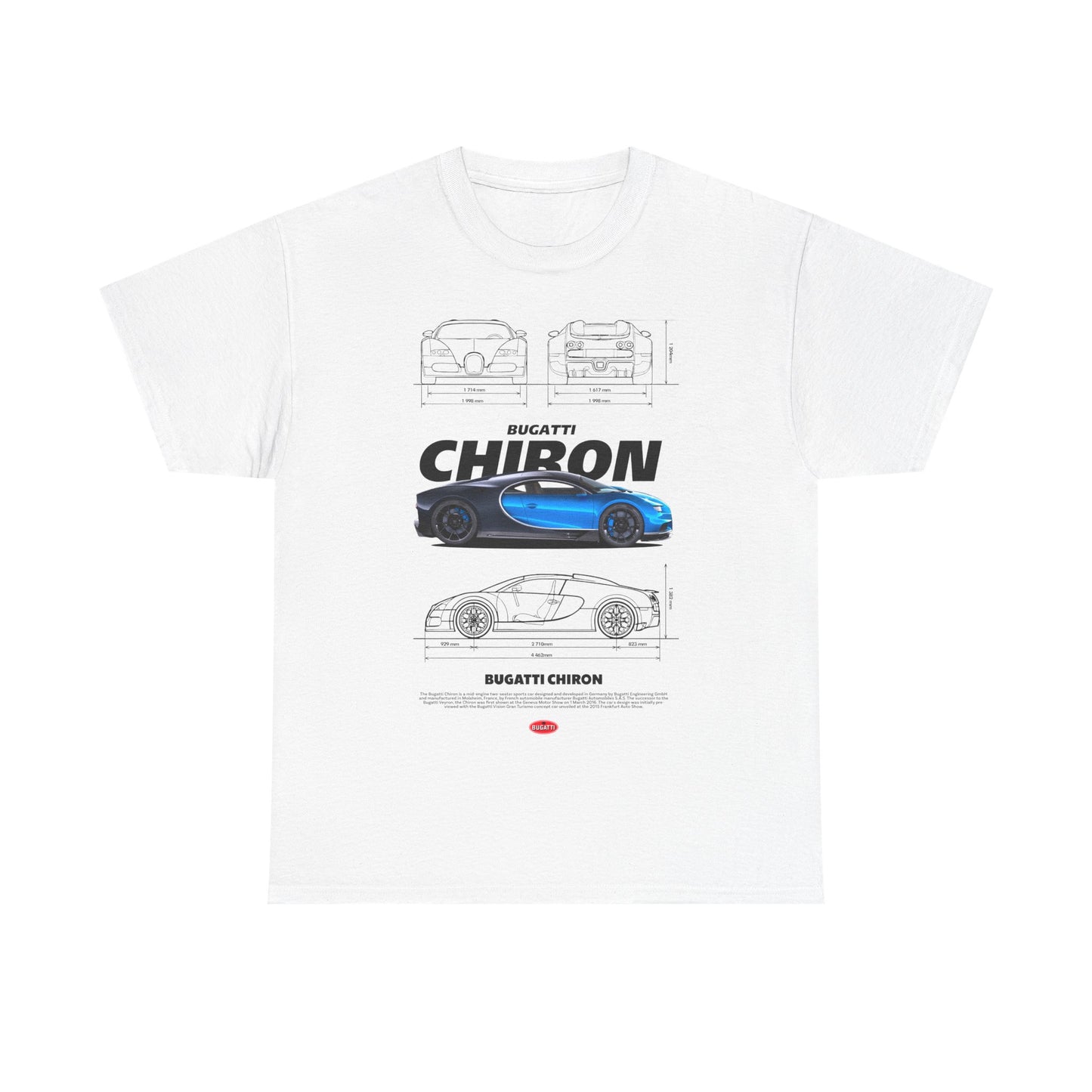 Luxury men's t-shirt featuring a stunning Bugatti Chiron graphic, showcasing detailed views of the iconic supercar in vibrant blue against a clean white backdrop, perfect for automotive enthusiasts.