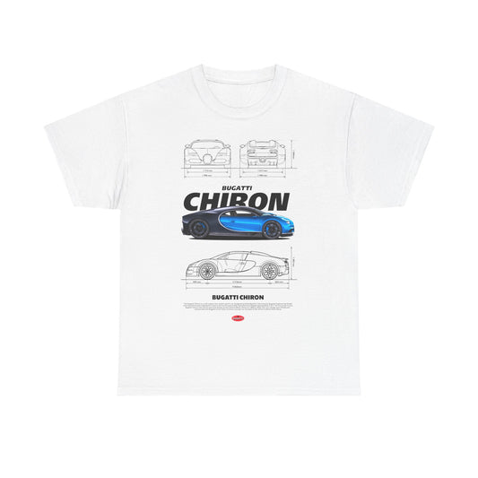 Luxury men's t-shirt featuring a stunning Bugatti Chiron graphic, showcasing detailed views of the iconic supercar in vibrant blue against a clean white backdrop, perfect for automotive enthusiasts.