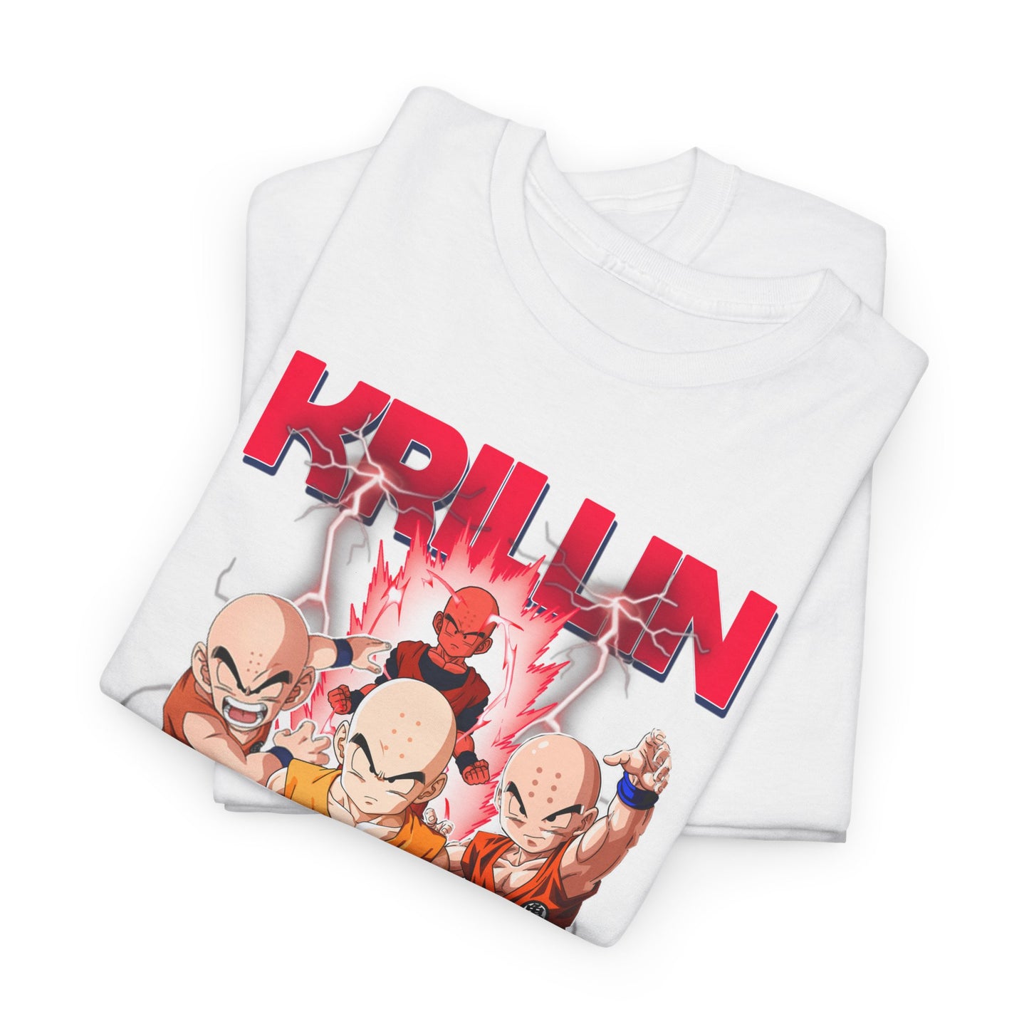 Folded Krillin & Z Fighters T-shirt displaying a chic design with bold colours and dynamic characters, a perfect blend of comfort and style.