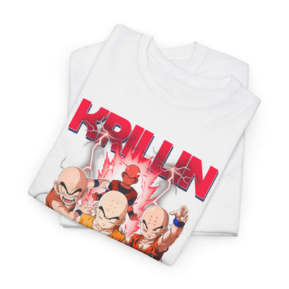 Folded Krillin & Z Fighters T-shirt displaying a chic design with bold colours and dynamic characters, a perfect blend of comfort and style.