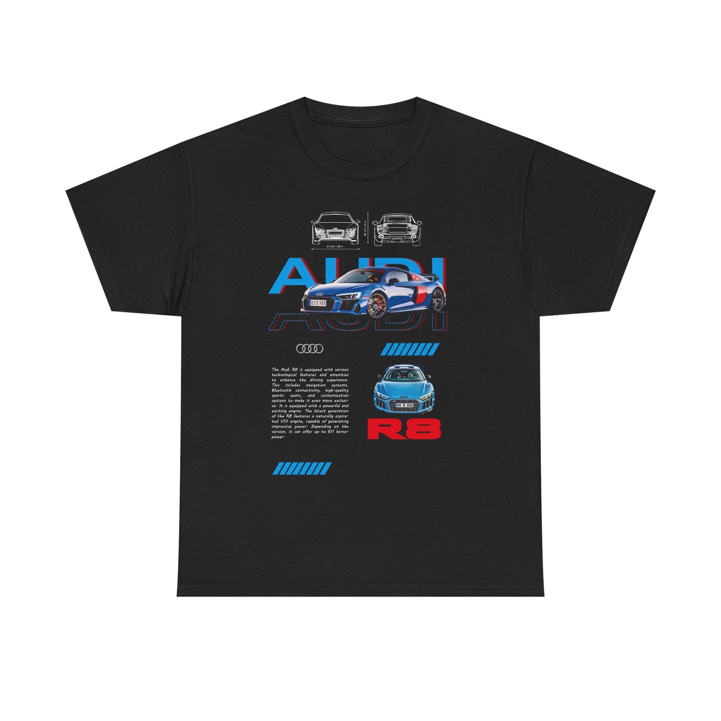 Men's Audi R8 T-shirt featuring a bold design showcasing the iconic blue Audi R8 sports car with high-performance graphics on a sleek black background. Ideal for automotive enthusiasts seeking stylish comfort and luxury.