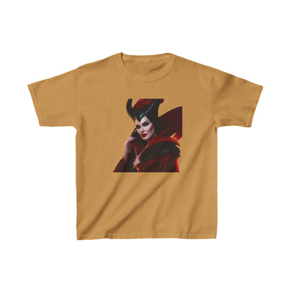 Maleficent Kids Tee in warm gold showcasing the iconic Disney villain Maleficent, designed for comfort and style in vibrant hues.