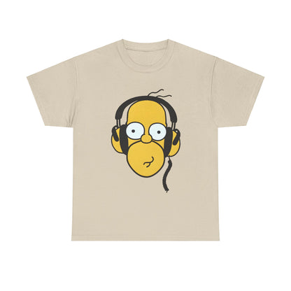 Hear the Hilarity Homer Simpson Headphones Unisex Cotton Tee Graphic T Shirt in beige featuring a vibrant illustration of Homer Simpson with headphones, perfect for playful and stylish fashion enthusiasts.