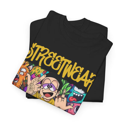 Stylish black urban streetwear t-shirt featuring a vibrant cartoon graphic with bold 'STREETWEAR' lettering, perfect for trendsetters.