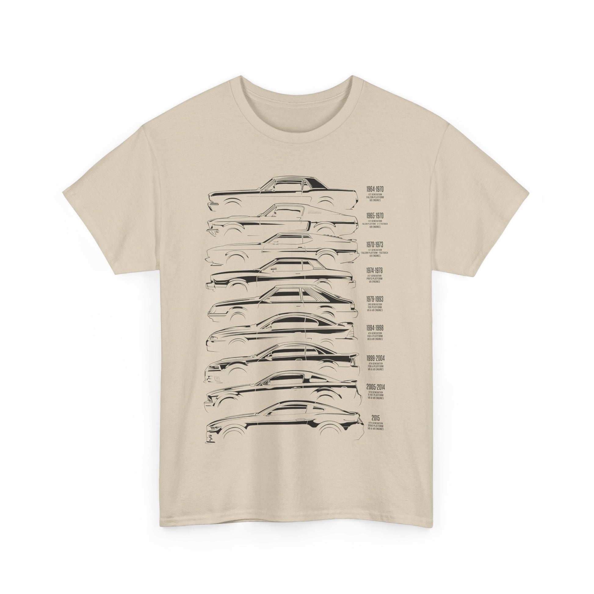 Elegantly designed beige men's T-shirt featuring a striking graphic print depicting the evolution of the Ford Mustang through the decades.