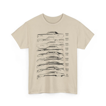Elegantly designed beige men's T-shirt featuring a striking graphic print depicting the evolution of the Ford Mustang through the decades.