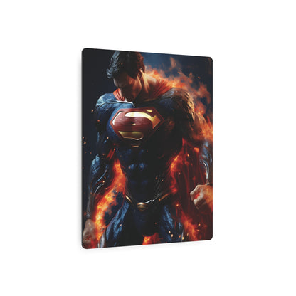Stunning Superman Metal Art Poster showcasing a high-quality aluminium wall decor, featuring Superman in a powerful pose surrounded by fiery effects, perfect for adding inspiration and style to any interior space.