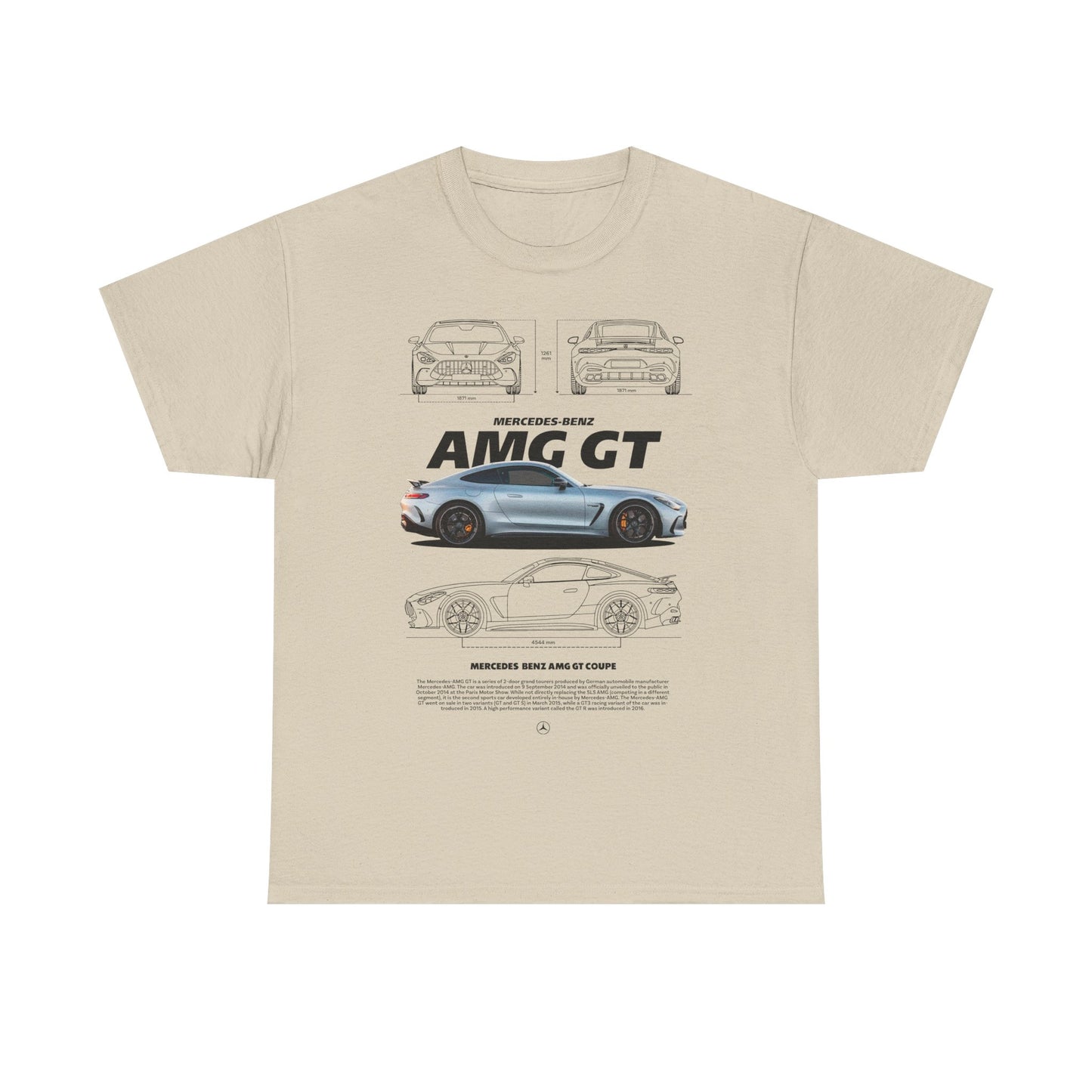 Stylish beige men's T-shirt with a captivating design of the Mercedes-Benz AMG GT, perfect for showcasing a passion for luxury cars.