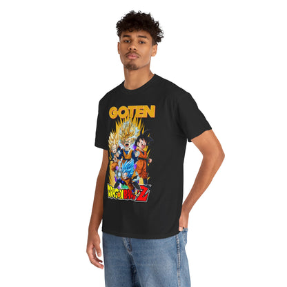 Elegant young man wearing a premium black Dragon Ball Z GOTEN T-shirt, showcasing vibrant anime characters in dynamic poses, designed for a stylish streetwear look.