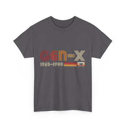 GEN-X 1965 - 1980 Graphic T-Shirt in dark grey, featuring vibrant retro lettering and a stylish cassette tape design.