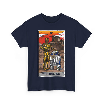 The Droids Tarot Card Graphic T-Shirt Urban Unisex Cotton Tee in navy, featuring a captivating design of C-3PO and R2-D2, ideal for fans of elegant geek culture.