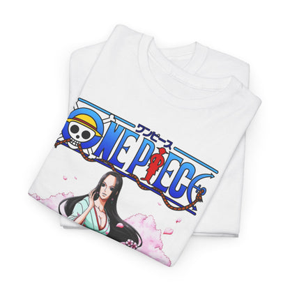Folded stylish t-shirts showcasing the captivating design of Boa Hancock from One Piece, featuring a floral kimono and vibrant graphics, perfect for anime enthusiasts.