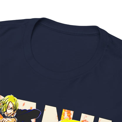 Close-up of a luxurious navy t-shirt collar detail, featuring vibrant anime character designs, embodying comfort and style for die-hard anime fans.