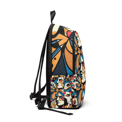 Close-up view of the Dazzling Dreams Studio Abstract Pop Art Backpack featuring intricate comic-style elements, combining functionality and fashionable allure for modern enthusiasts.