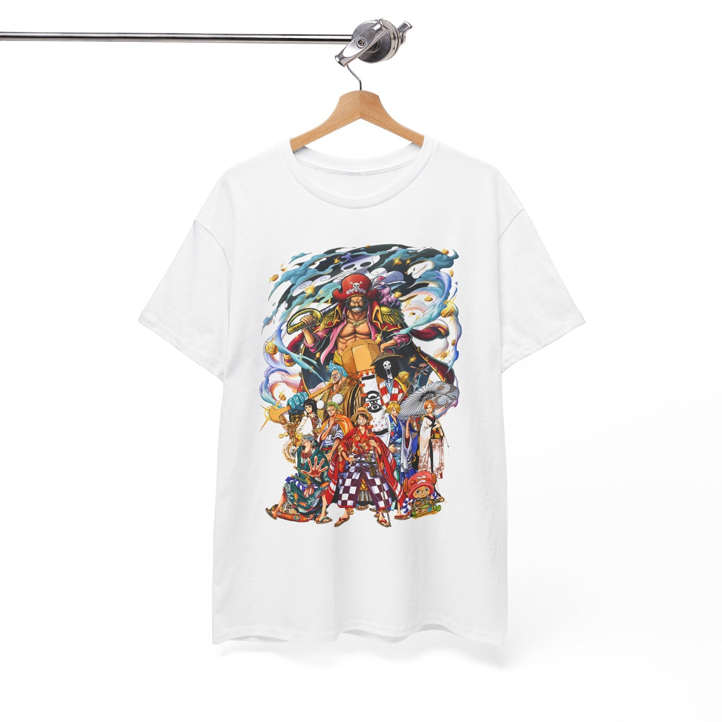 Elegant garment displayed on a hanger, featuring a detailed anime pirate design, highlighting craftsmanship and artistic flair for anime lovers and fashion trendsetters.