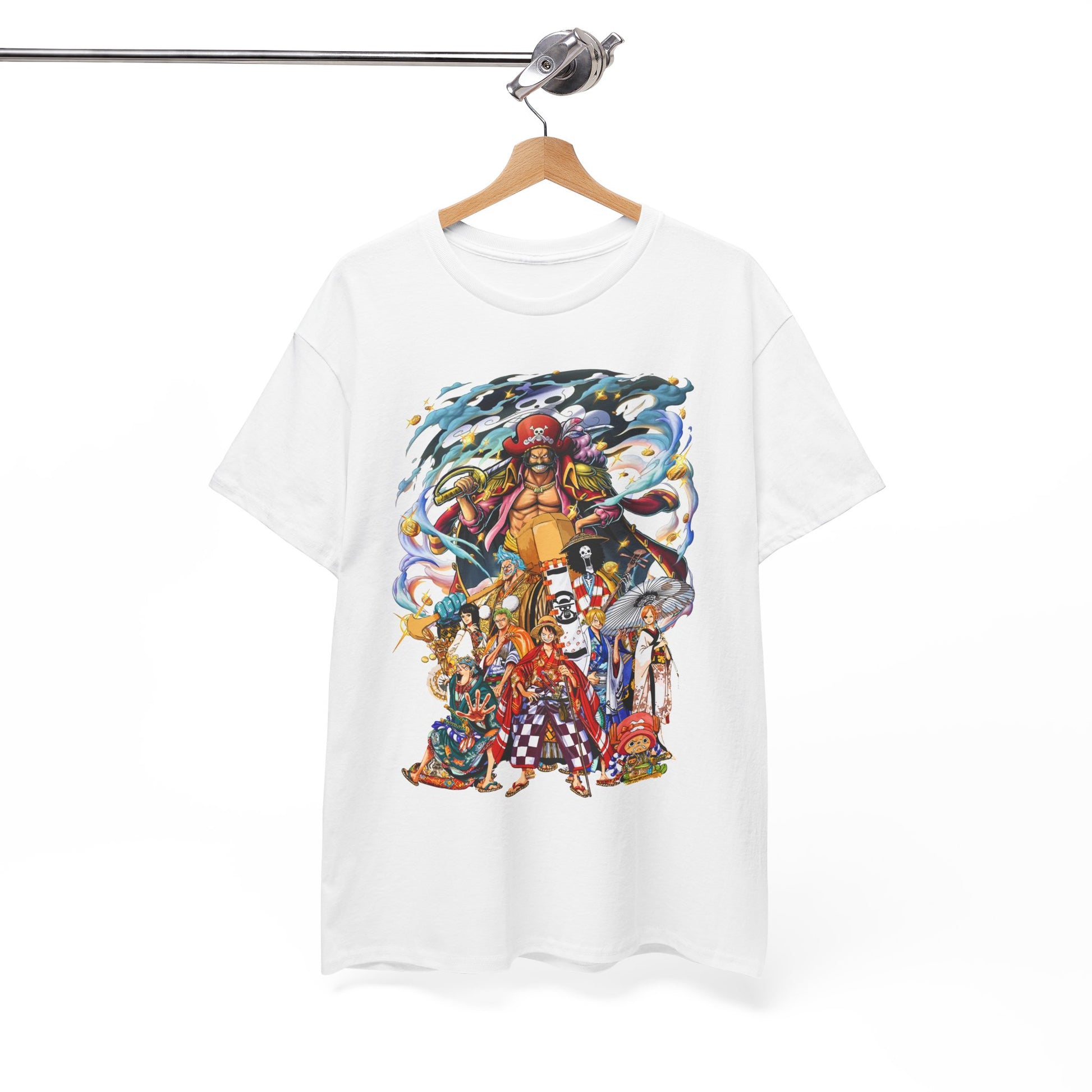 Elegant garment displayed on a hanger, featuring a detailed anime pirate design, highlighting craftsmanship and artistic flair for anime lovers and fashion trendsetters.