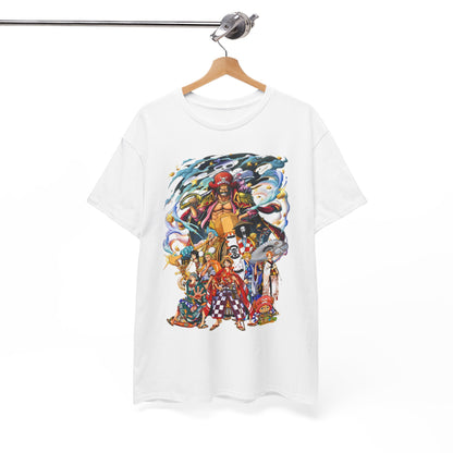 Elegant garment displayed on a hanger, featuring a detailed anime pirate design, highlighting craftsmanship and artistic flair for anime lovers and fashion trendsetters.