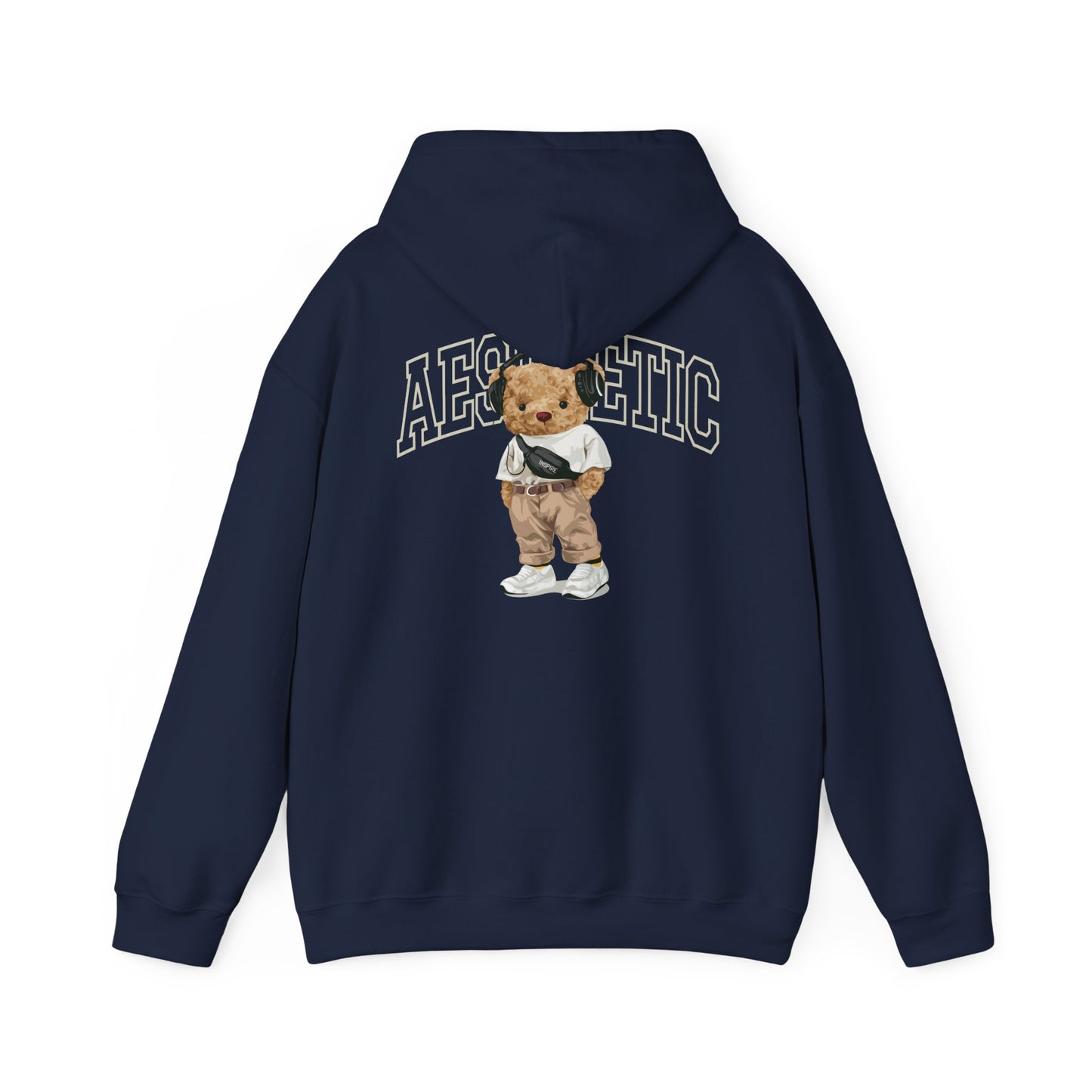 Luxurious navy blue hoodie featuring a fashionable cartoon teddy bear design on the back, adorned with the word 'AESTHETIC' for a chic statement look.