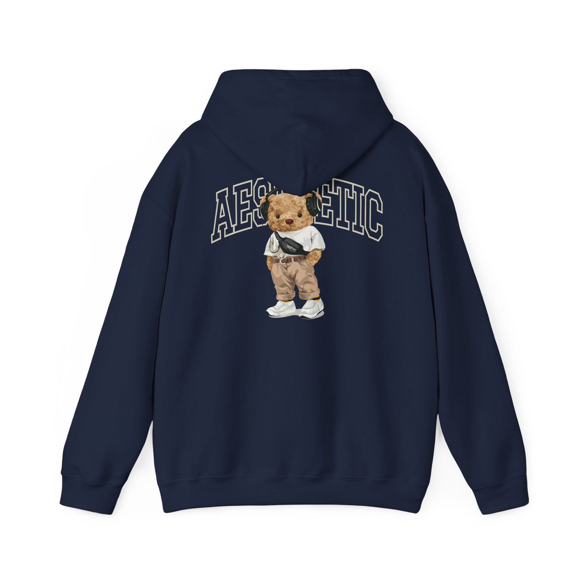 Luxurious navy blue hoodie featuring a fashionable cartoon teddy bear design on the back, adorned with the word 'AESTHETIC' for a chic statement look.
