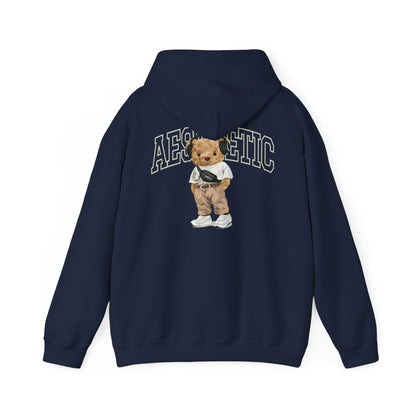 Luxurious navy blue hoodie featuring a fashionable cartoon teddy bear design on the back, adorned with the word 'AESTHETIC' for a chic statement look.