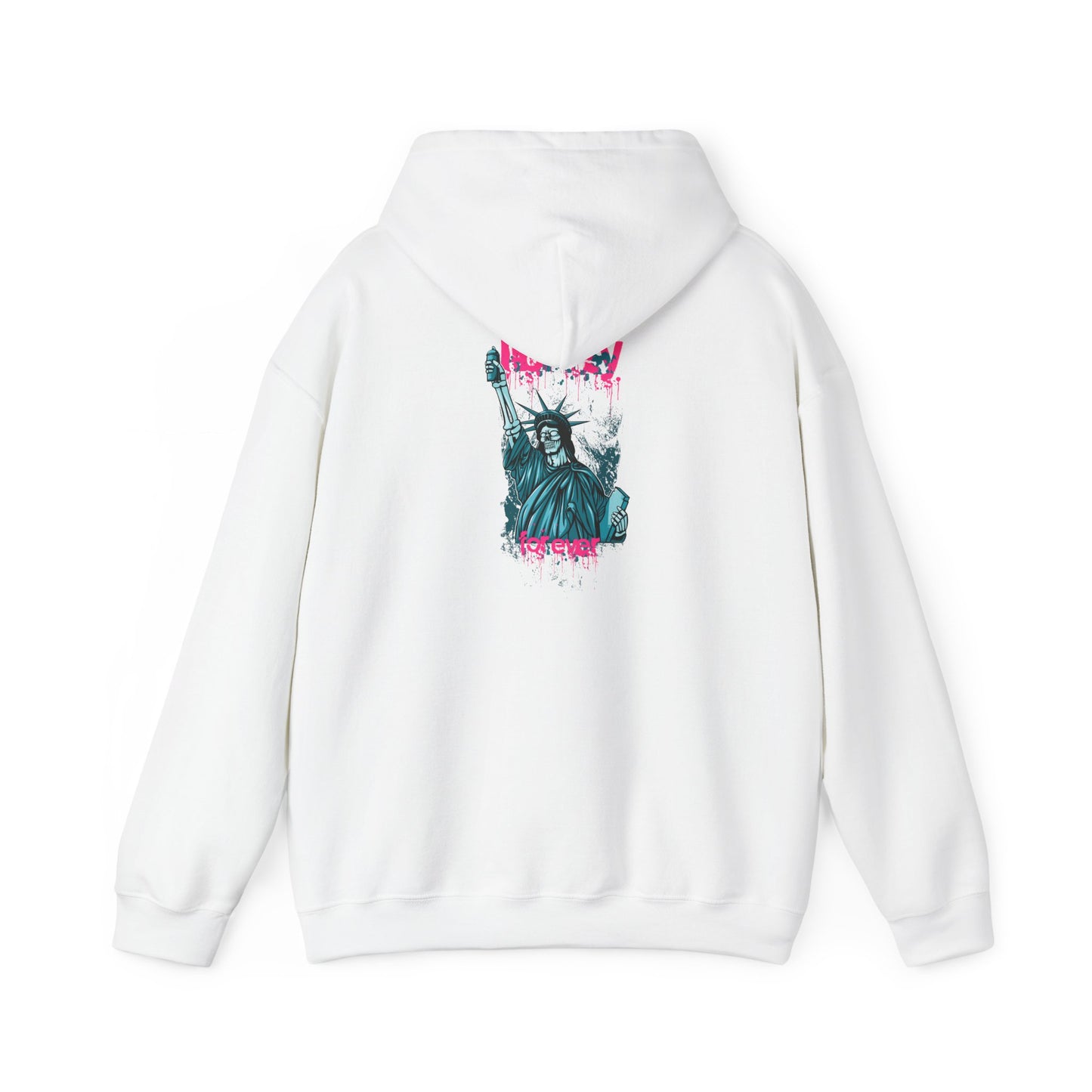 Rebellious hoodie featuring a striking back print design of the Statue of Liberty. The graphic showcases bold turquoise hues with pink graffiti accents, embodying urban artistry and contemporary style.