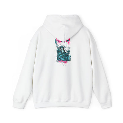 Rebellious hoodie featuring a striking back print design of the Statue of Liberty. The graphic showcases bold turquoise hues with pink graffiti accents, embodying urban artistry and contemporary style.