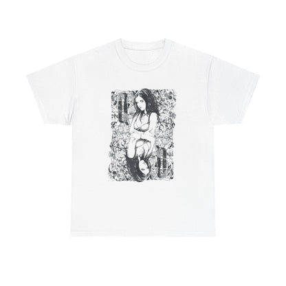 Luxurious white men's t-shirt featuring an intricate black and white graphic design of a regal queen, adorned with ornate elements, perfect for showcasing elegance and style.