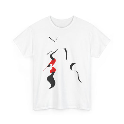 Elegant unisex graphic tee adorned with abstract artistry in bold black and red tones, capturing a dynamic interplay of shapes against a pristine white backdrop.