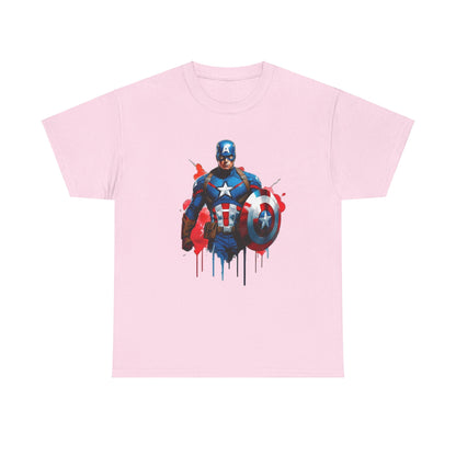 Chic Captain America Graphic Tee in soft pink featuring a stunning comic illustration of Captain America with his shield, enhanced by artistic drips. High-quality unisex cotton t-shirt ideal for casual elegance.