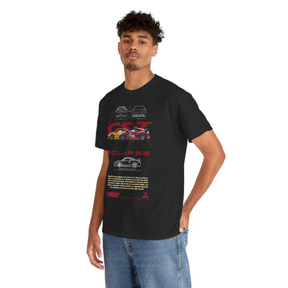 Mitsubishi Eclipse GST Men's T-Shirt featuring bold graphic design and specifications, elegantly depicted on a model. Perfect for car enthusiasts.
