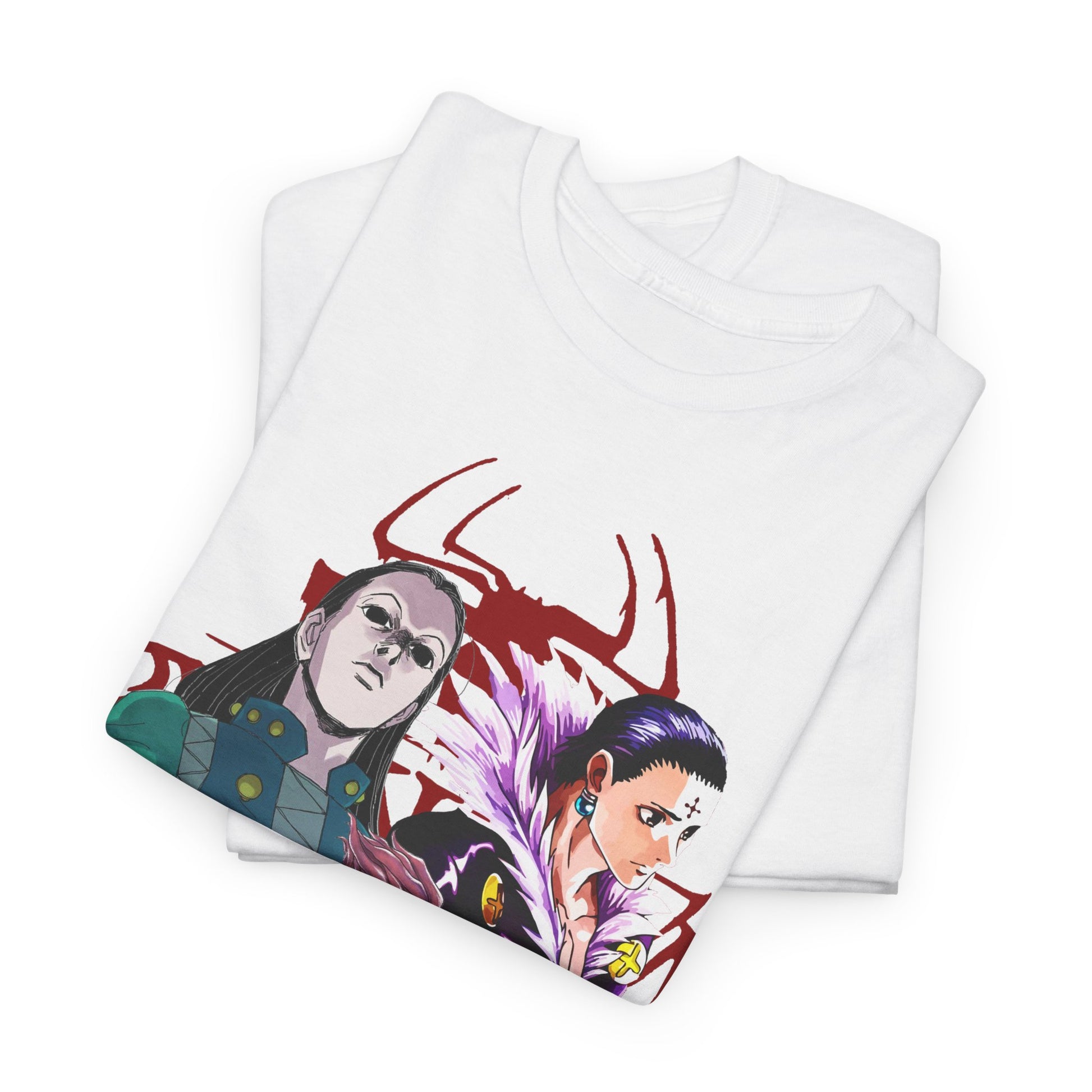 Stylishly folded white Hunter x Hunter T-shirts showcasing exquisite artwork from The Last Mission anime, embodying the perfect fusion of luxury and fandom.