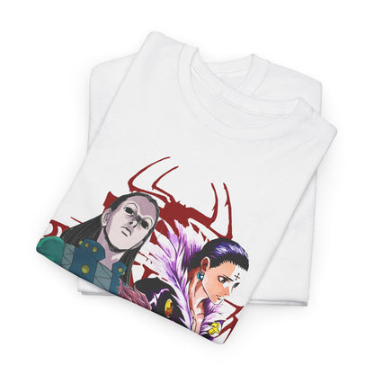 Stylishly folded white Hunter x Hunter T-shirts showcasing exquisite artwork from The Last Mission anime, embodying the perfect fusion of luxury and fandom.