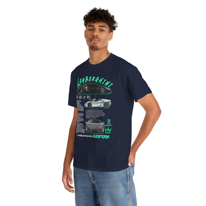 Luxury Lamborghini Aventador Men's T-Shirt showcasing a vibrant graphic design featuring sleek car illustrations and compelling typography, perfect for automotive enthusiasts.