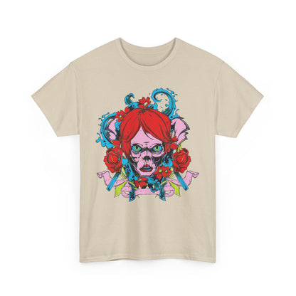 Classic beige T-shirt displaying a captivating skull graphic adorned with vibrant colours and intricate floral details, perfect for art-influenced fashion.