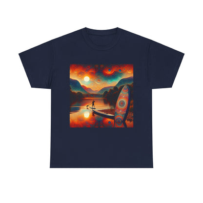 Premium Paddleboarding Scene T-Shirt by Dazzling Dreams Studio showcasing a stunning paddleboarding graphic, perfect for water sports enthusiasts.
