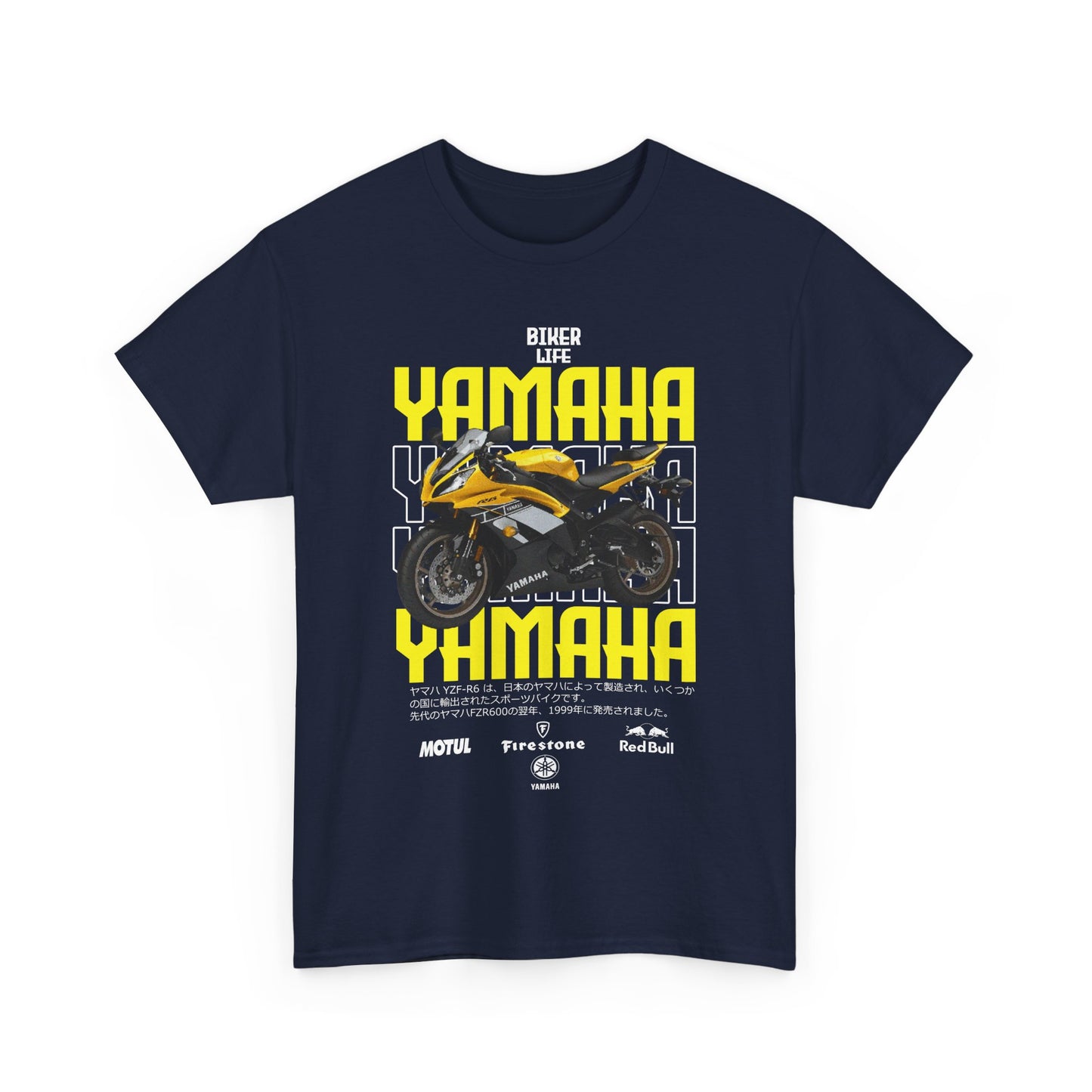 Front view of a chic men's t-shirt showcasing a striking Yamaha YZF-R6 motorcycle design with vibrant 'BIKER LIFE' text, ideal for those who embrace the biking lifestyle.