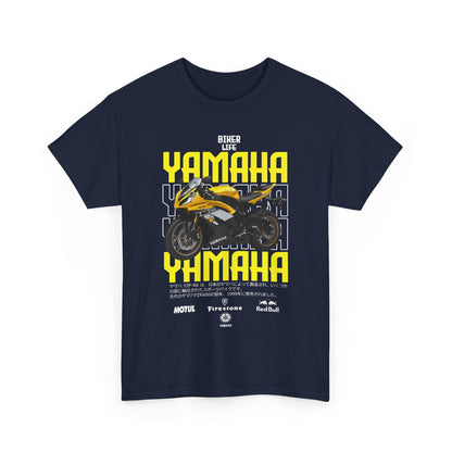 Front view of a chic men's t-shirt showcasing a striking Yamaha YZF-R6 motorcycle design with vibrant 'BIKER LIFE' text, ideal for those who embrace the biking lifestyle.