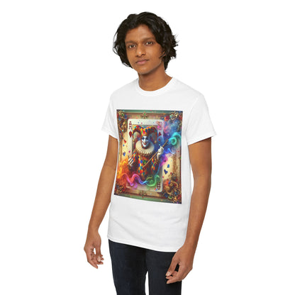 Harlequin Playing Card Graphic Tee featuring a vibrant clown design in a pastel background, perfect for stylish unisex fashion.