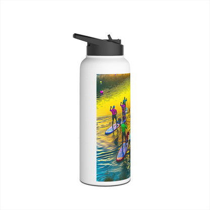 Fantasy Paddleboarding Stainless Steel Water Bottle with vibrant artwork depicting paddleboarders on a serene water surface, crafted for adventure and style.