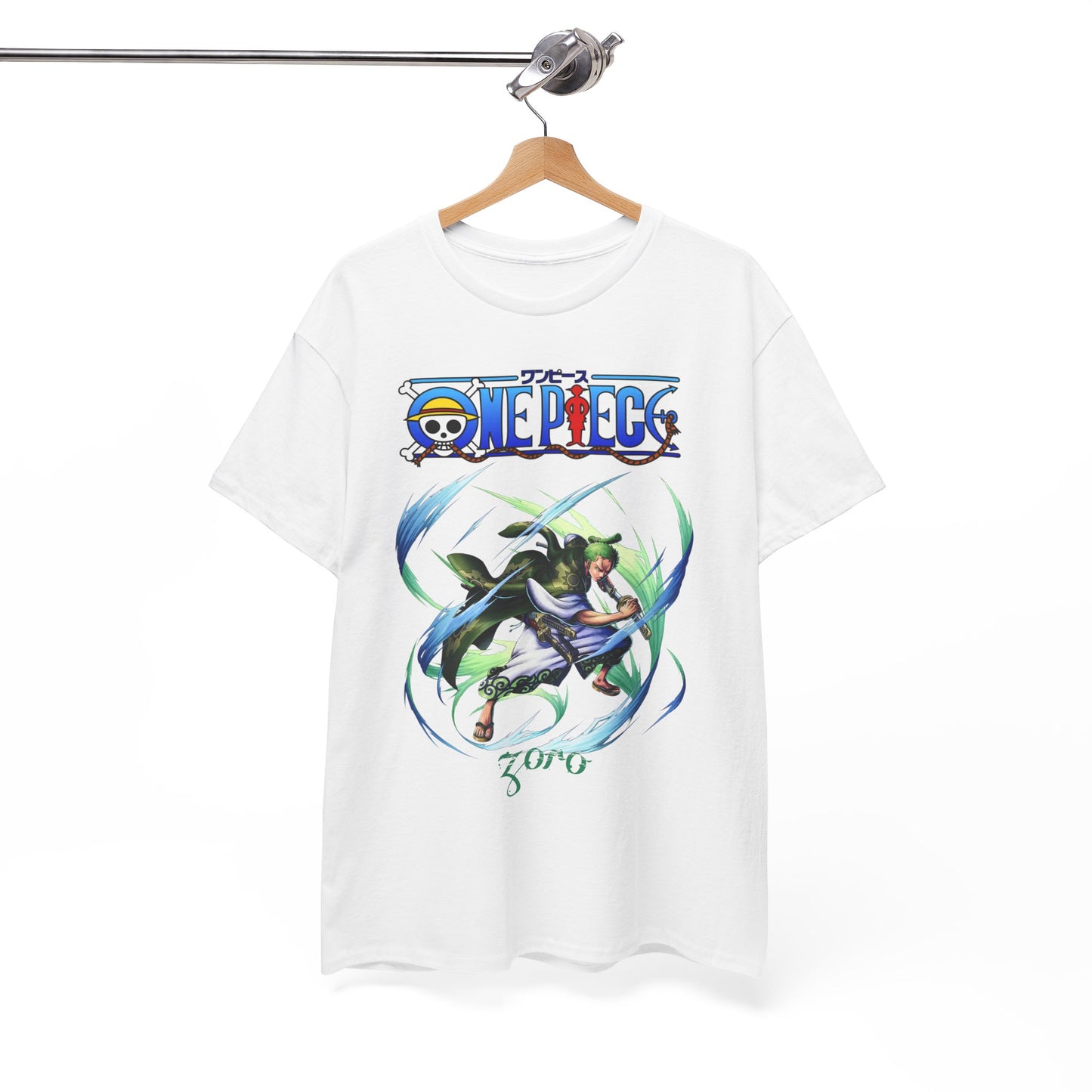 Elegantly displayed Epic men's t-shirt showcasing Zoro from One Piece, detailed artistic print on white fabric, ideal for fashionable anime lovers.