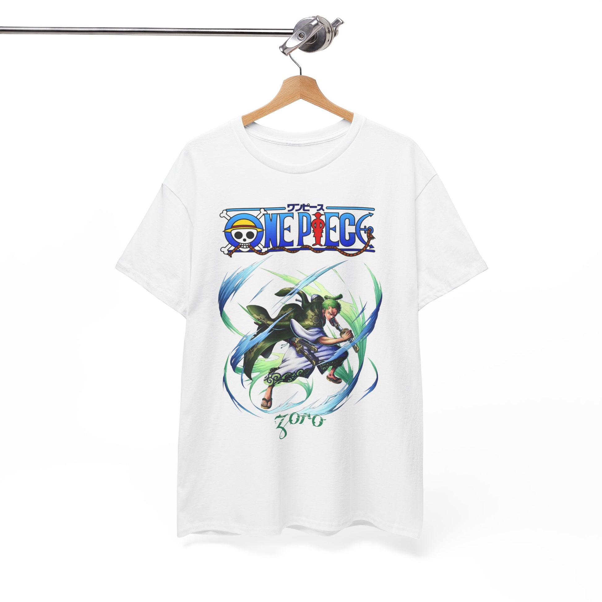 Elegantly displayed Epic men's t-shirt showcasing Zoro from One Piece, detailed artistic print on white fabric, ideal for fashionable anime lovers.