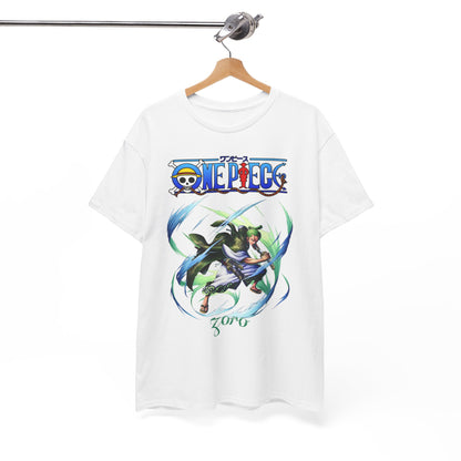 Elegantly displayed Epic men's t-shirt showcasing Zoro from One Piece, detailed artistic print on white fabric, ideal for fashionable anime lovers.